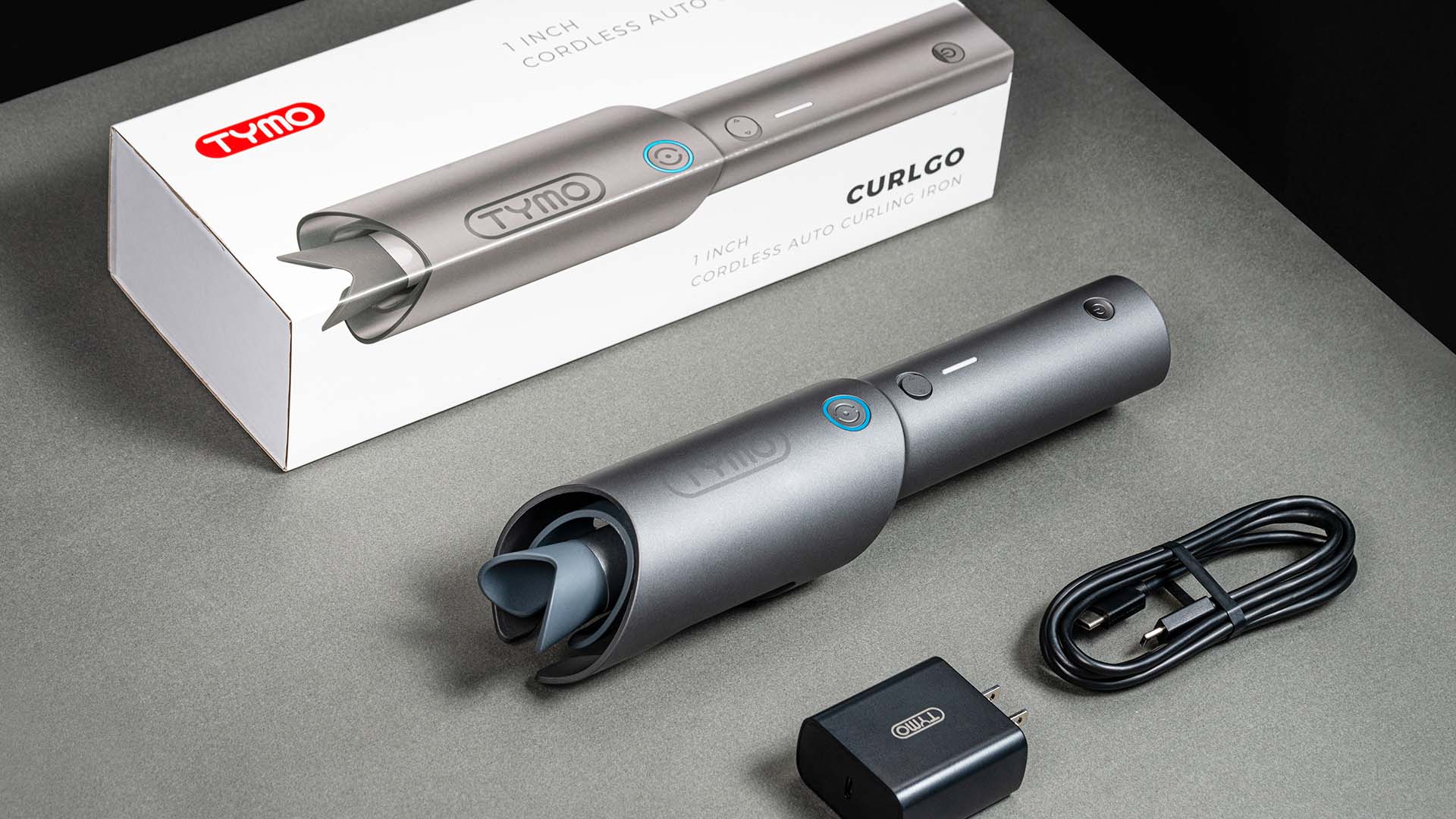 Complete package contents for TYMO CURLGO GREY auto rotating ceramic hair curler.