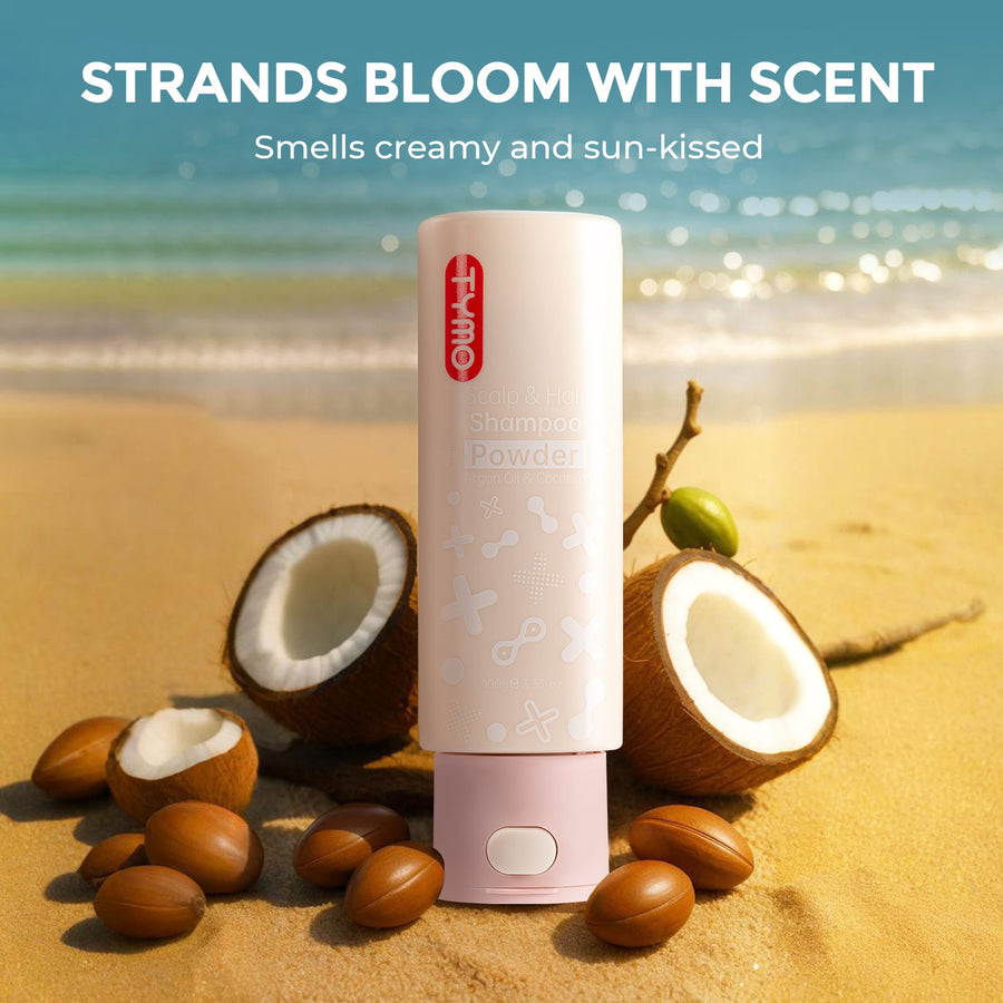 Best volumizing shampoo presentation — TYMO Volumizing Shampoo Powder with natural ingredient props.