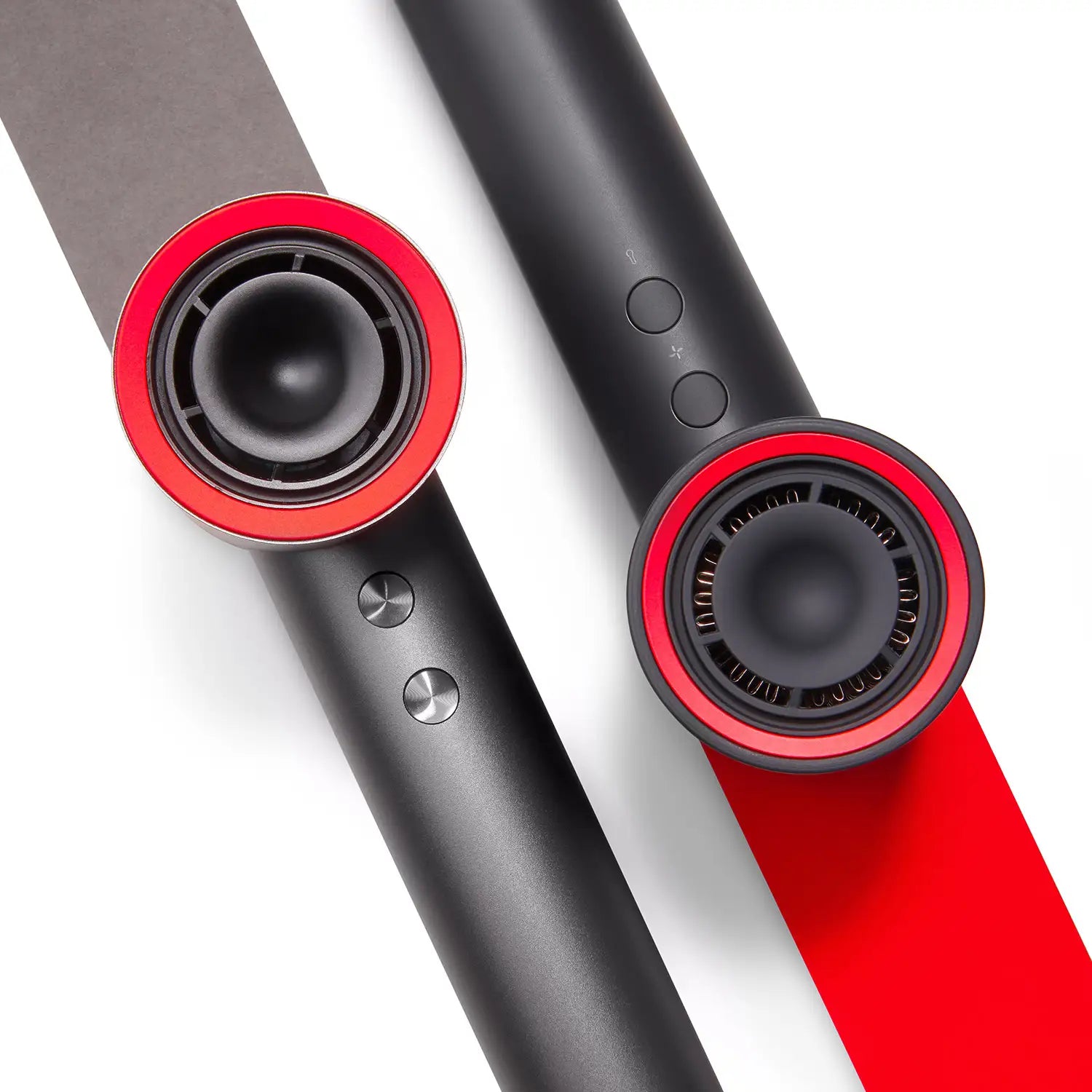 Top view of TYMO AIRHYPE and TYMO AIRHYPE LITE hair dryer showing sleek design with red accent rings on the front.