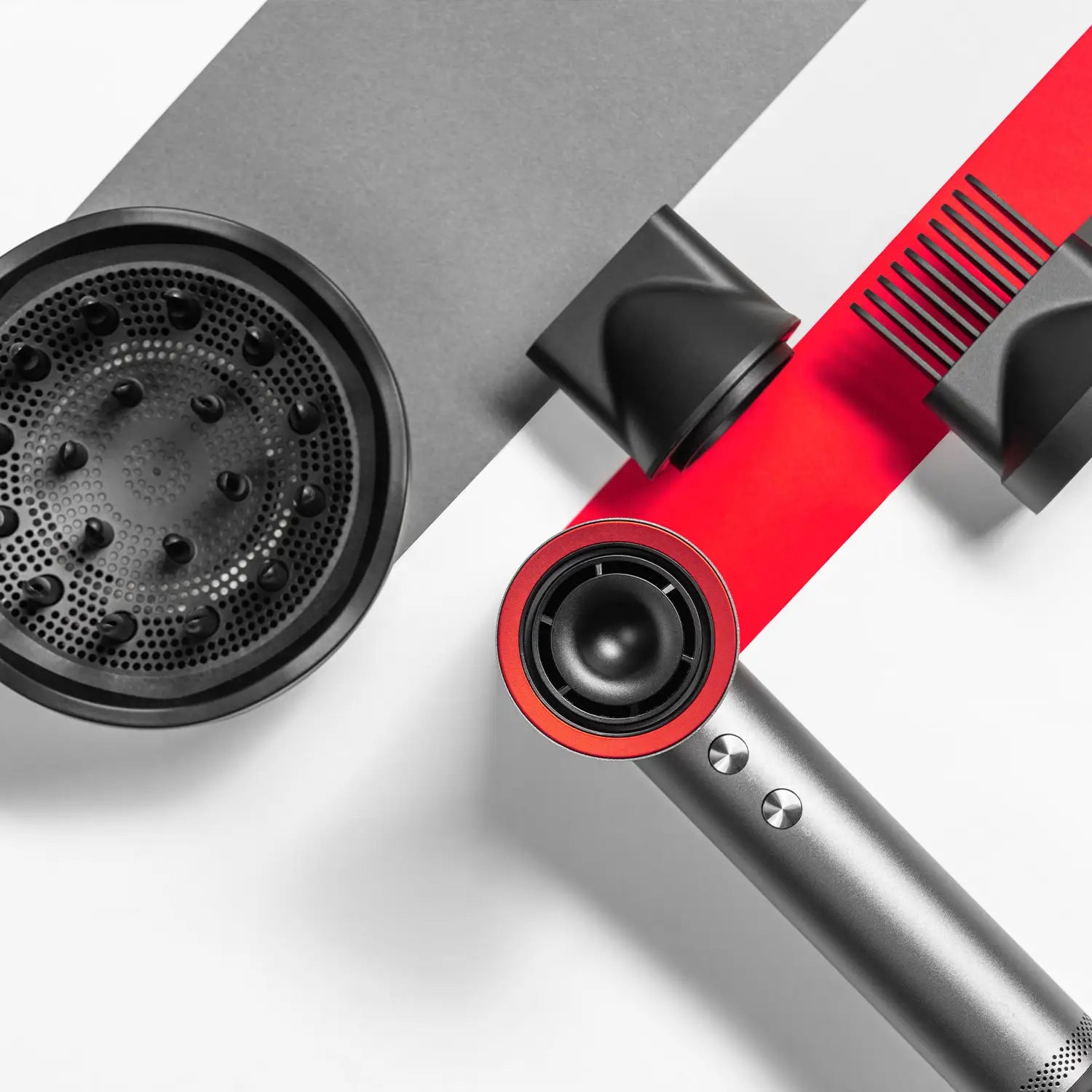 Close-up of TYMO AIRHYPE Hair Dryer's nozzles and diffuser, and showcasing ergonomic design and temperature control buttons.
