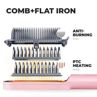 TYMO RING PINK comb hair straightener, featuring an anti-burn shell and efficient PTC heating for styling.