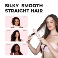 See before and after effects of TYMO RING pink straightening comb on different hair types.