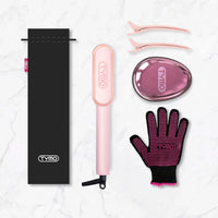TYMO RING PINK heat comb set with heat-resistant glove, clips, travel case, charging base.