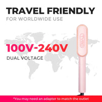 TYMO RING PINK hot comb with 100–240V dual voltage for travel-friendly styling.