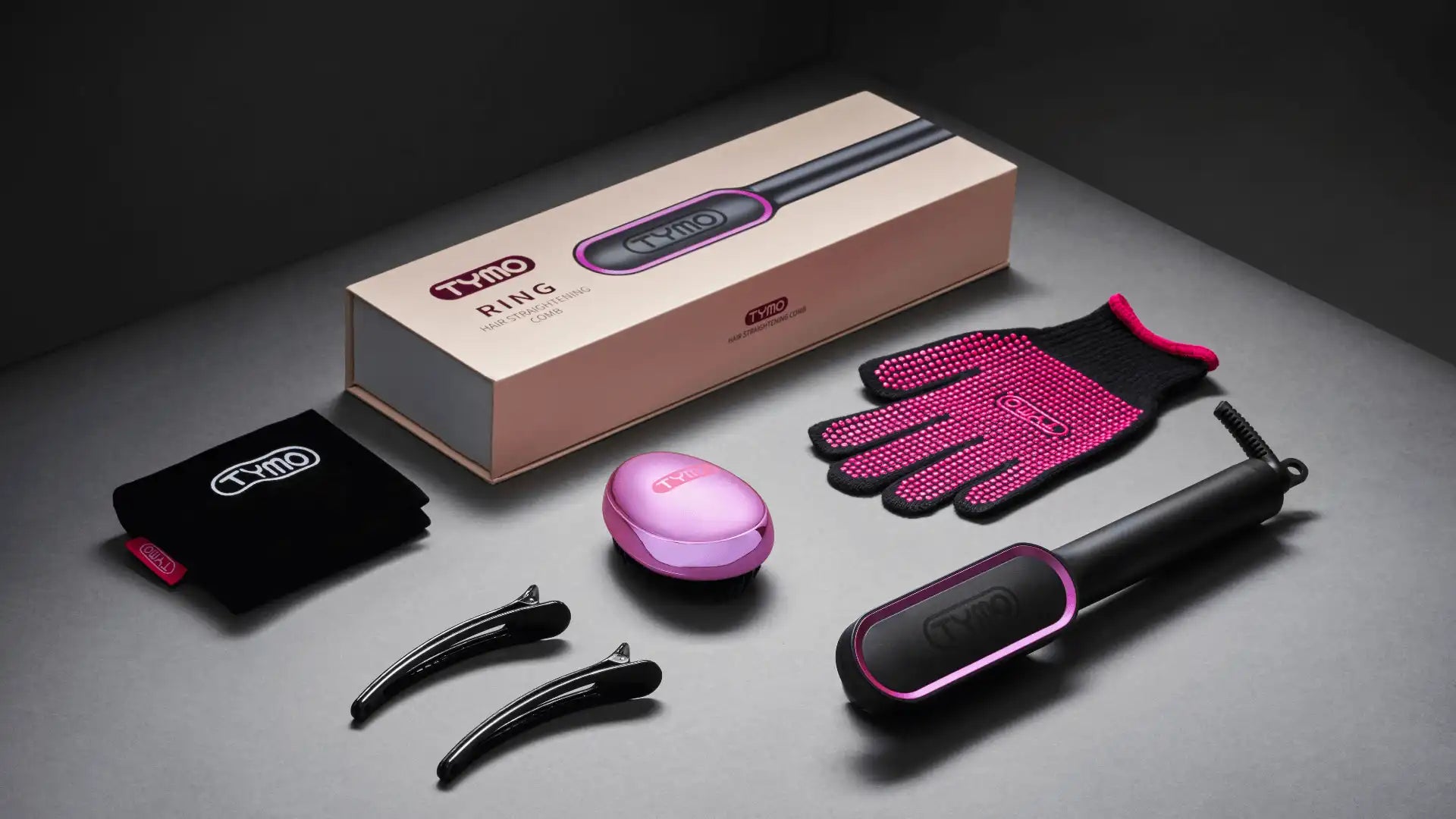 Packaging of TYMO RING hair straightener comb, including heat-resistant gloves, clips, and a carry case for user convenience.