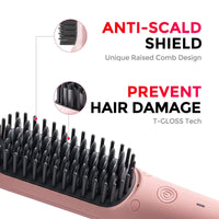 Anti-scald TYMO iONIC MINI PINK hair straightening brush with raised teeth & T-GLOSS tech.