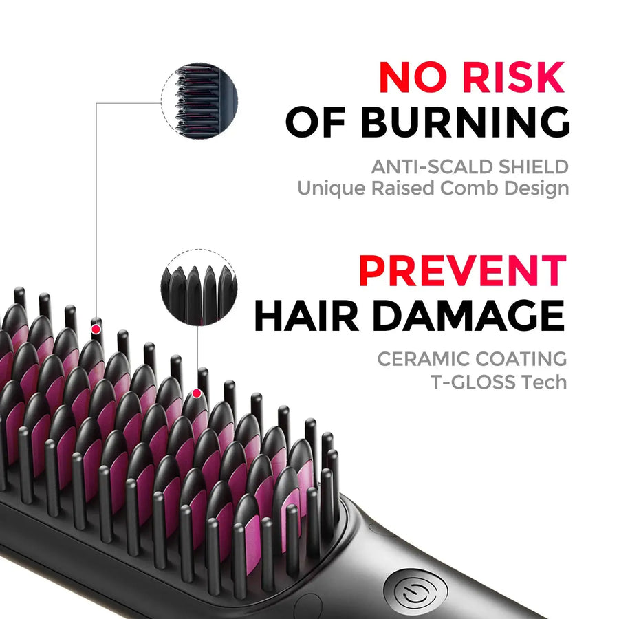 Burn-proof TYMO iONIC MINI heated straightening brush with safety teeth.