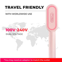 Travel TYMO iONIC PLUS PINK hot straightener brush with dual‑voltage compatibility