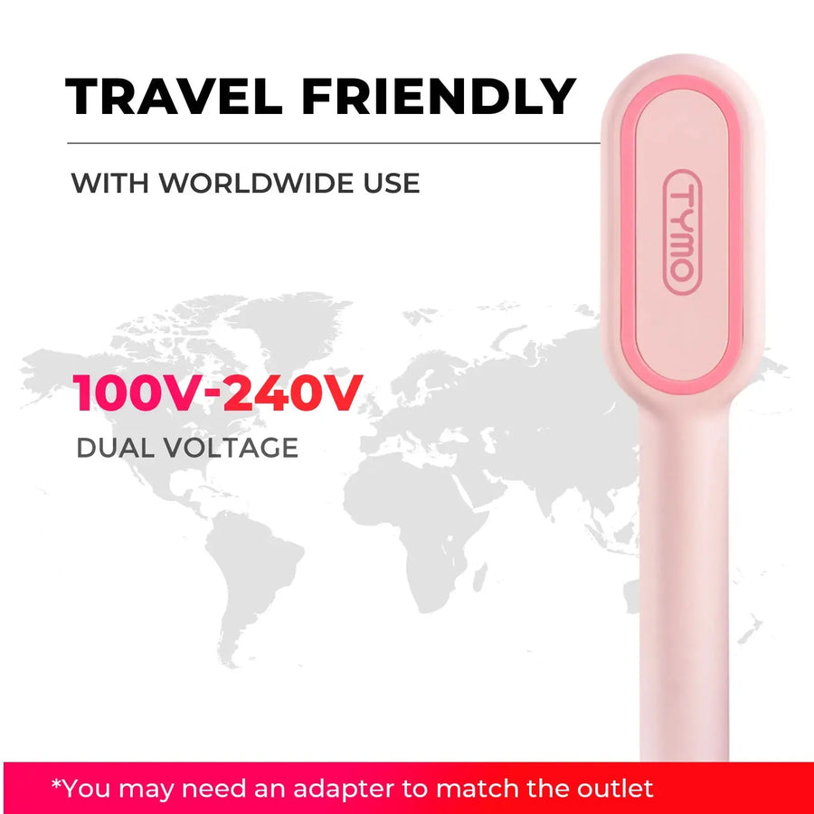 Travel TYMO iONIC PLUS PINK hot straightener brush with dual‑voltage compatibility