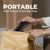 Woman placing a portable TYMO PORTA cordless hair straightener into a handbag, ideal for on-the-go styling.