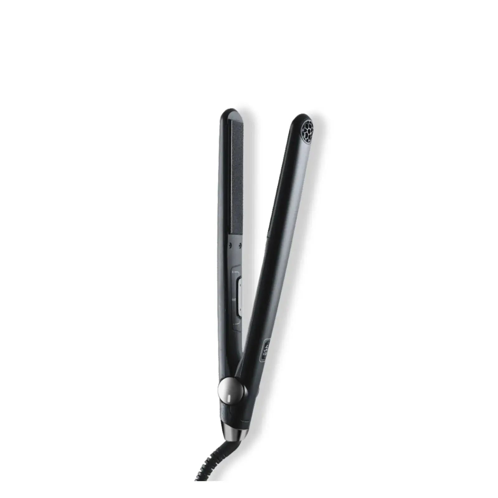 Sleek TYMO SWAY NOIR titanium flat iron in matte black, ergonomic controls visible