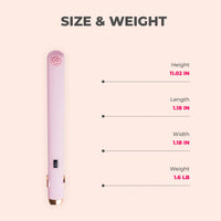 TYMO SWAY hair straightener flat iron product dimensions and weight shown on pink background