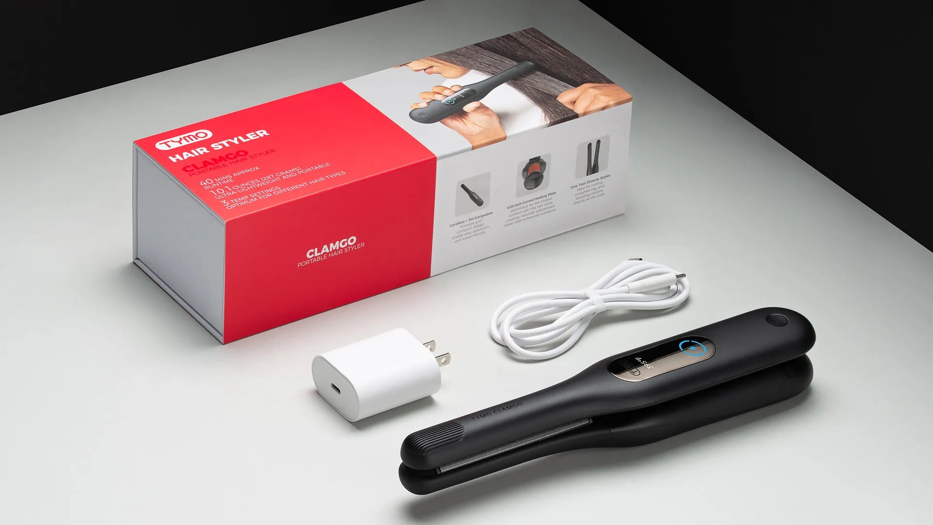 Complete TYMO CLAMGO BLACK styling kit includes ceramic flat iron and 39.37-inch cable
