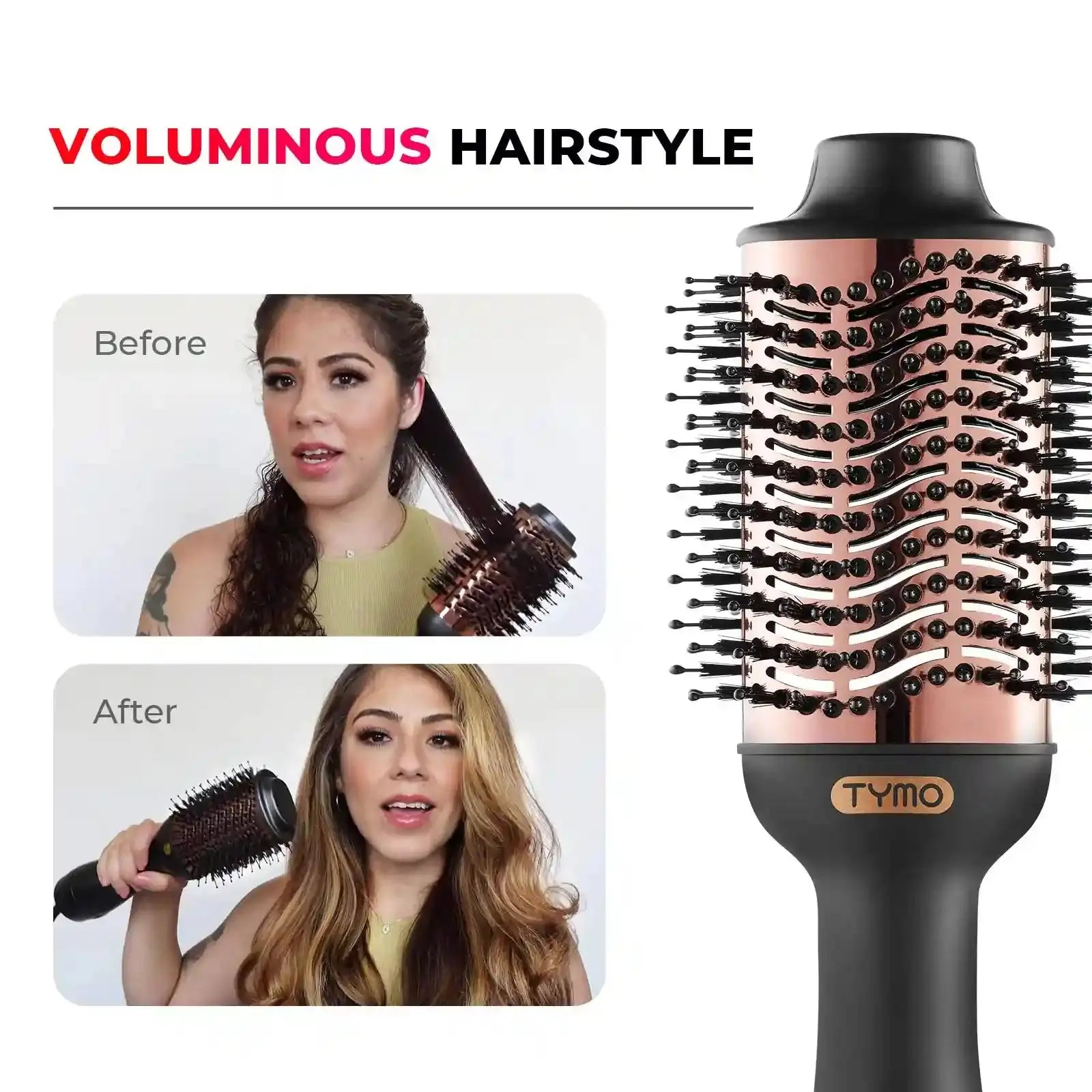 Before and after results using TYMO VOLUMIZER blow dryer hair brush for volume.