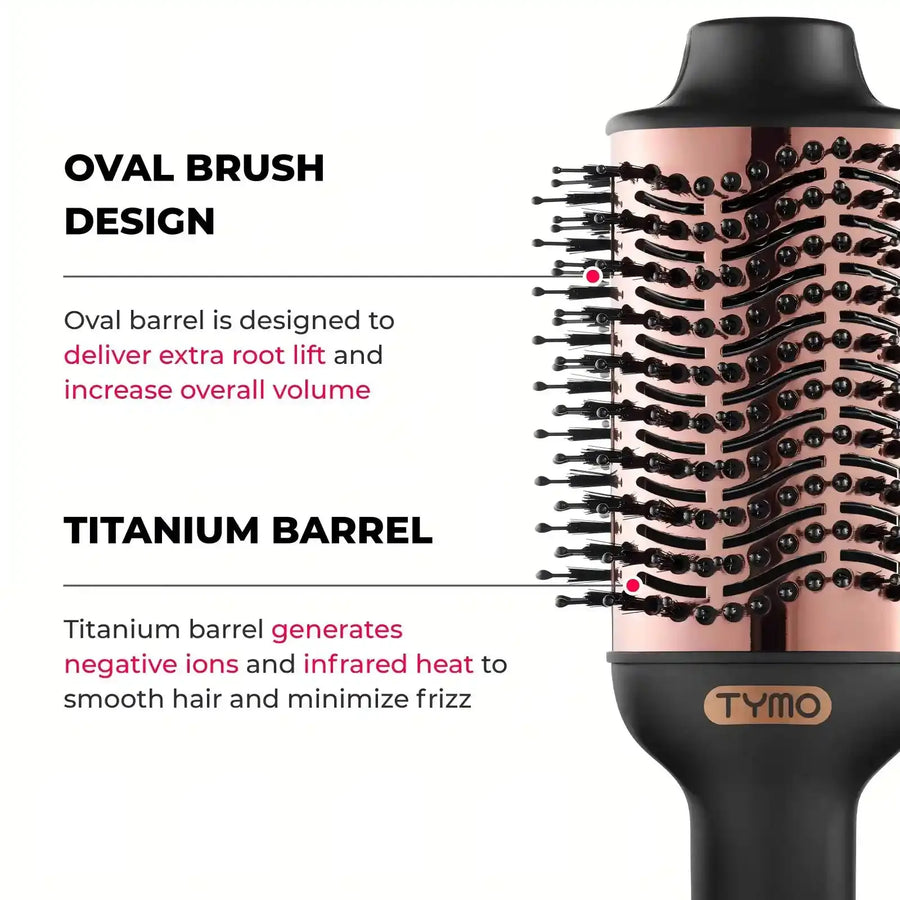 TYMO VOLUMIZER best hair dryer brush to reduce frizz features titanium ion barrel.
