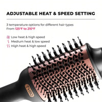 Adjustable heat and speed settings on TYMO VOLUMIZER hair straightening dryer brush.
