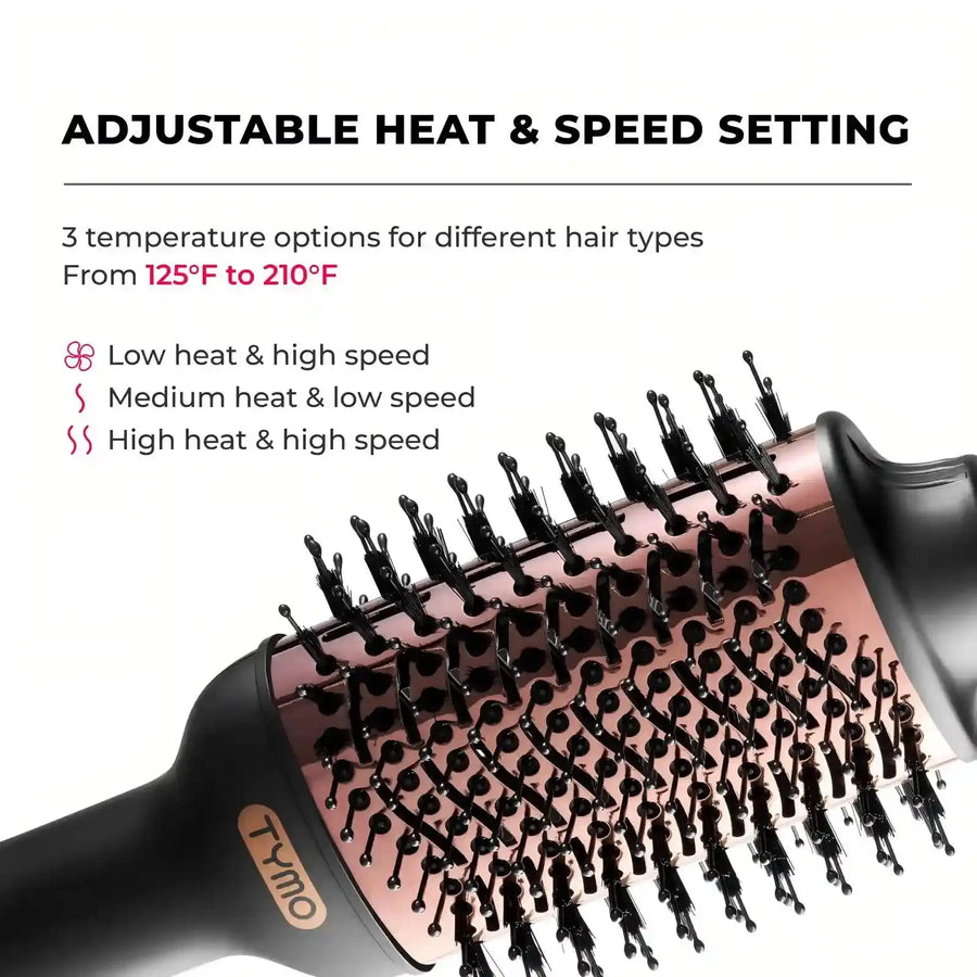 Adjustable heat and speed settings on TYMO VOLUMIZER hair straightening dryer brush.