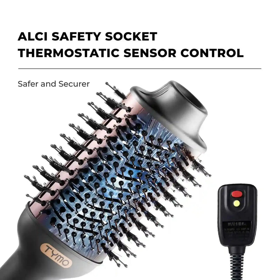 TYMO VOLUMIZER best hair dryer with rotating brush features ALCI safety socket and thermostatic control.