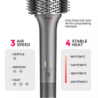 Featuring 3 air speeds and 4 heat settings, this TYMO AIREXCEL hot brush offers customized styling options.