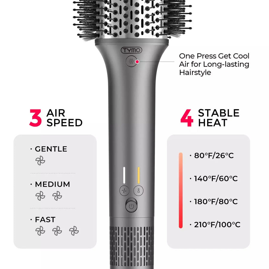 Featuring 3 air speeds and 4 heat settings, this TYMO AIREXCEL hot brush offers customized styling options.