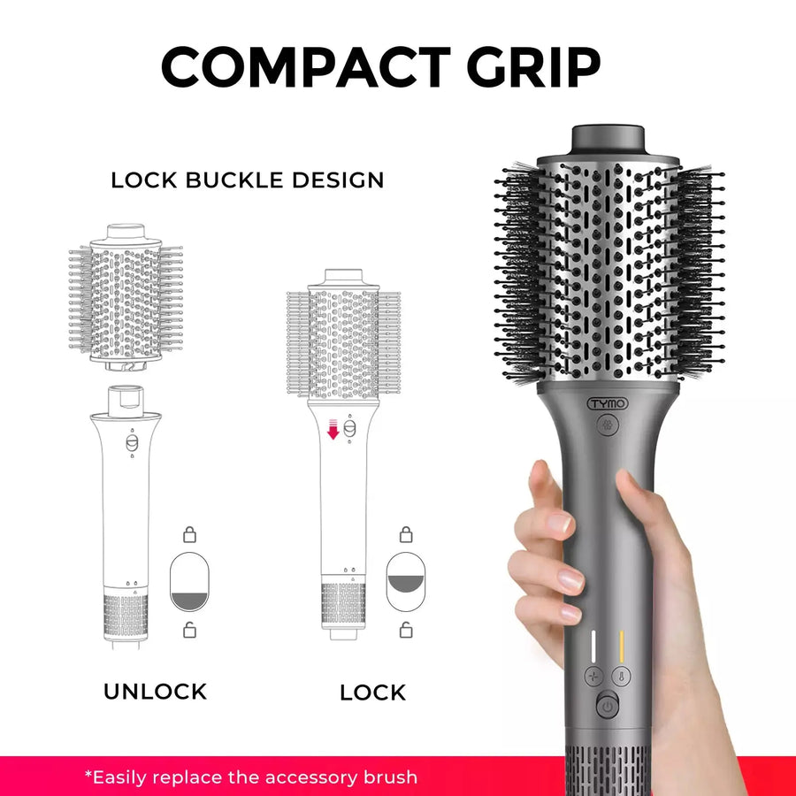 Its compact grip and lock buckle design make the TYMO AIREXCEL hair dryer brush and volumizer easy to use.
