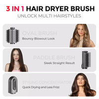 The TYMO AIREXCEL one-step hair dryer and volumizer includes oval, paddle brushes and a styling concentrator.