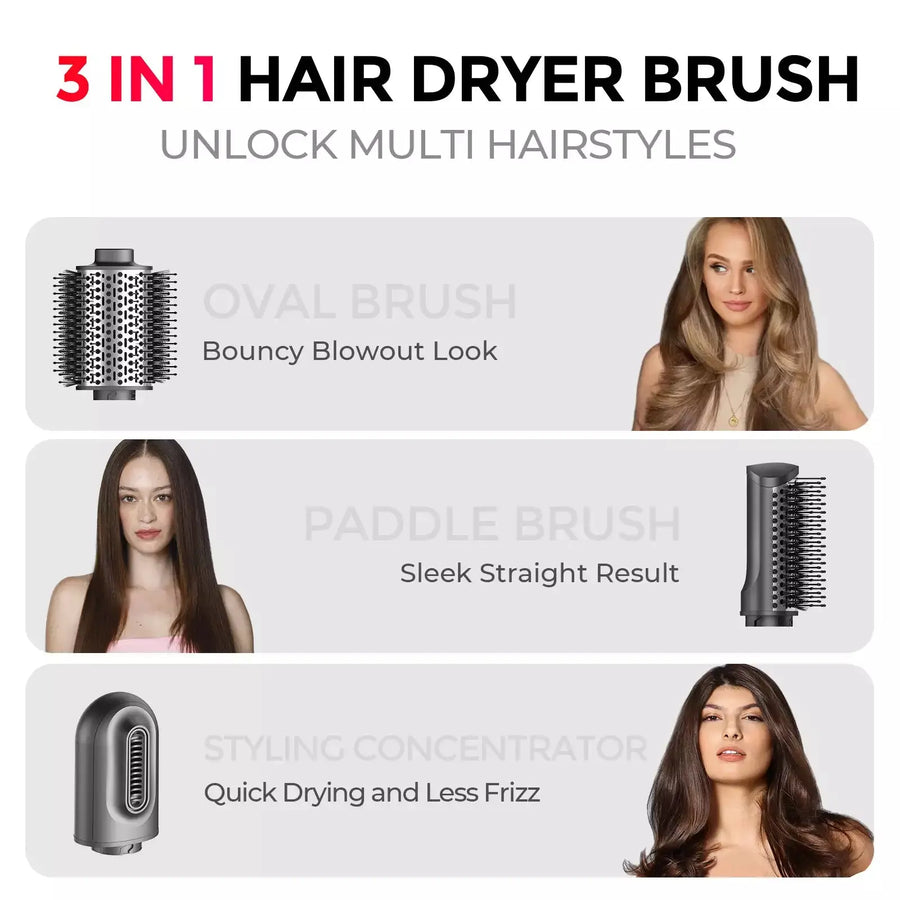 The TYMO AIREXCEL one-step hair dryer and volumizer includes oval, paddle brushes and a styling concentrator.