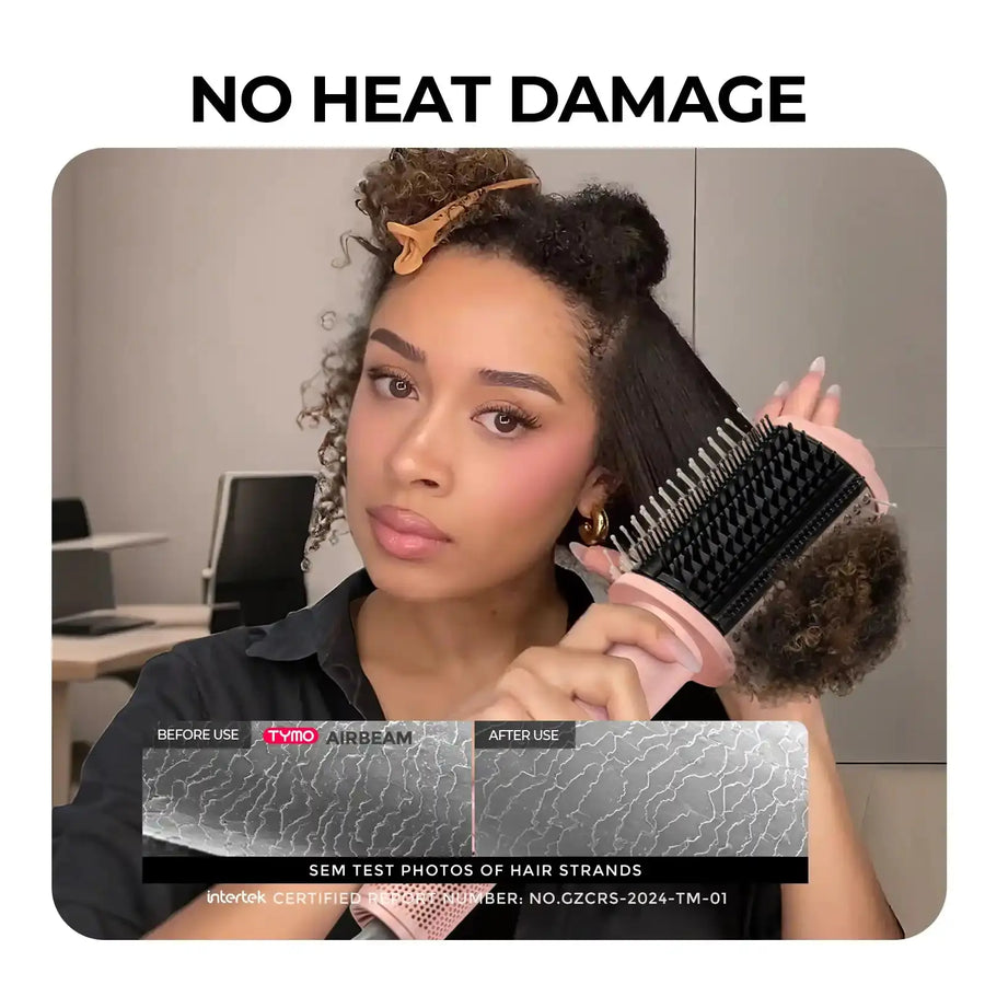 The top rated hair dryer brush, TYMO AIRBEAM, certified for no heat damage.