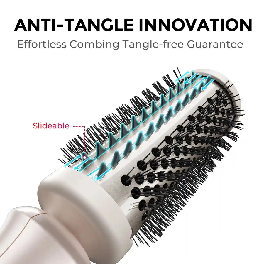 Vented thermal round brush by TYMO STYLUX showing anti-tangle slideable fins
