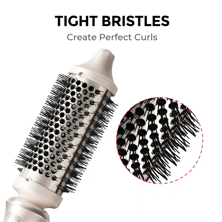 TYMO STYLUX hair straightener brush close-up of tight bristles creating smooth curls