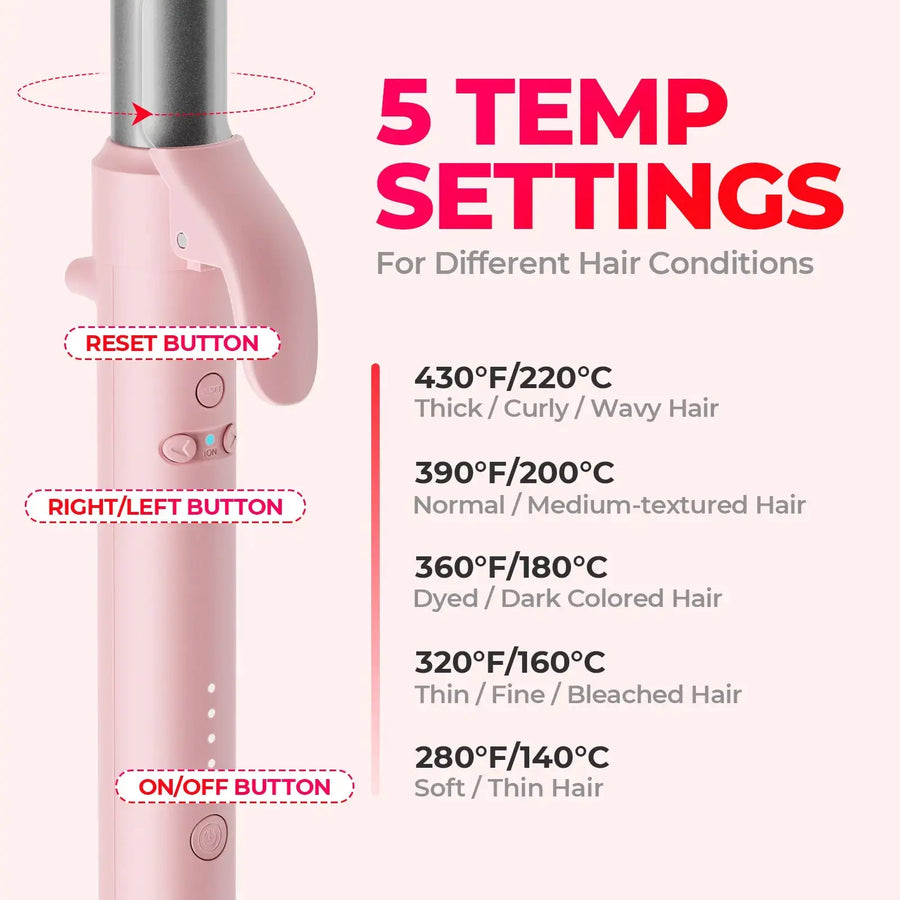TYMO ROTA PINK 1 inch ionic curler offers 5 temperature settings suitable for all hair types.