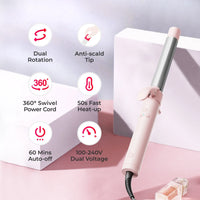 TYMO ROTA PINK auto rotating curling iron with dual rotation, anti-scald tip, 360° cord, fast heat-up, auto-off, and dual voltage.