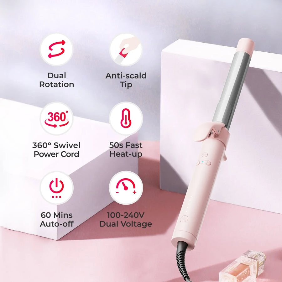 TYMO ROTA PINK auto rotating curling iron with dual rotation, anti-scald tip, 360° cord, fast heat-up, auto-off, and dual voltage.