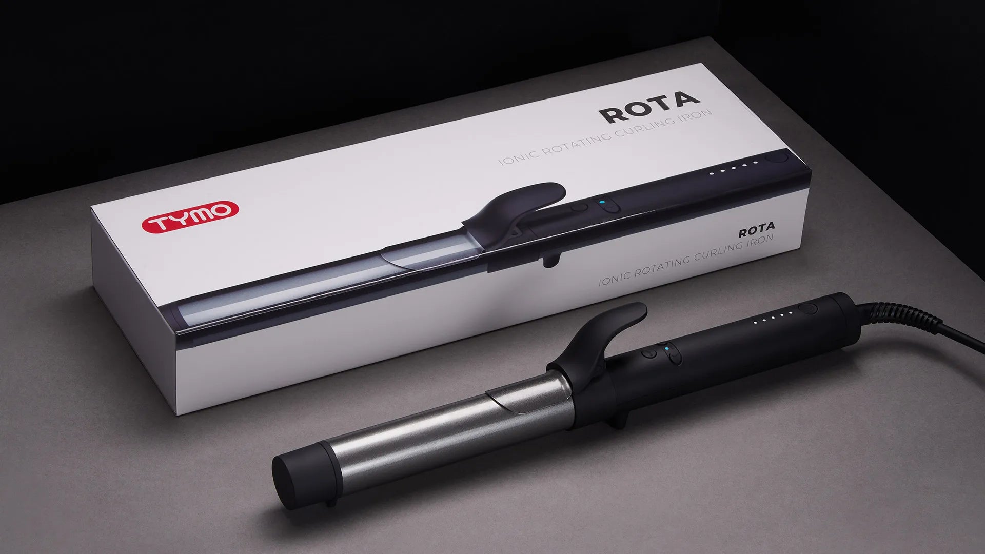Complete TYMO ROTA curling iron set includes rotating iron with 90.55-inch cord