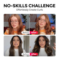 Before and after results using the TYMO ROTA curling iron, showcasing effortless curls.