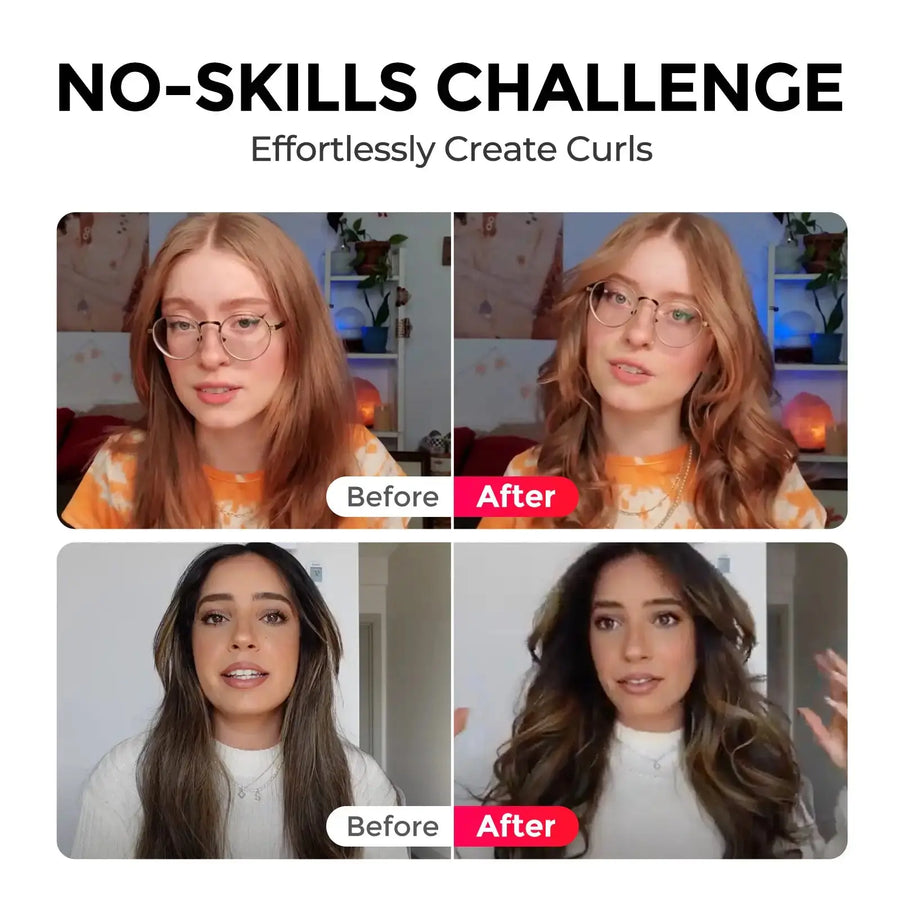 Before and after results using the TYMO ROTA curling iron, showcasing effortless curls.