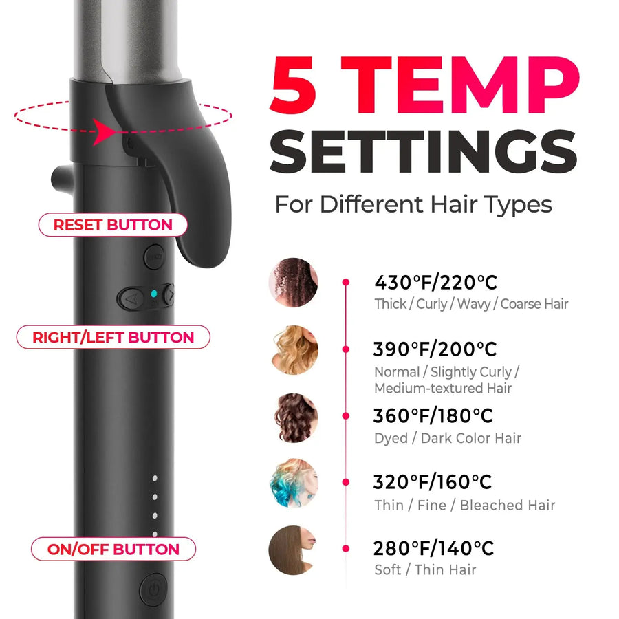 TYMO ROTA automatic rotating iron offers 5 temperature settings for all hair types.