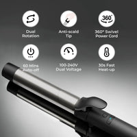 TYMO ROTA auto curler with dual rotation, safety tip, swivel cord, quick heating, and auto-off for travel voltage.