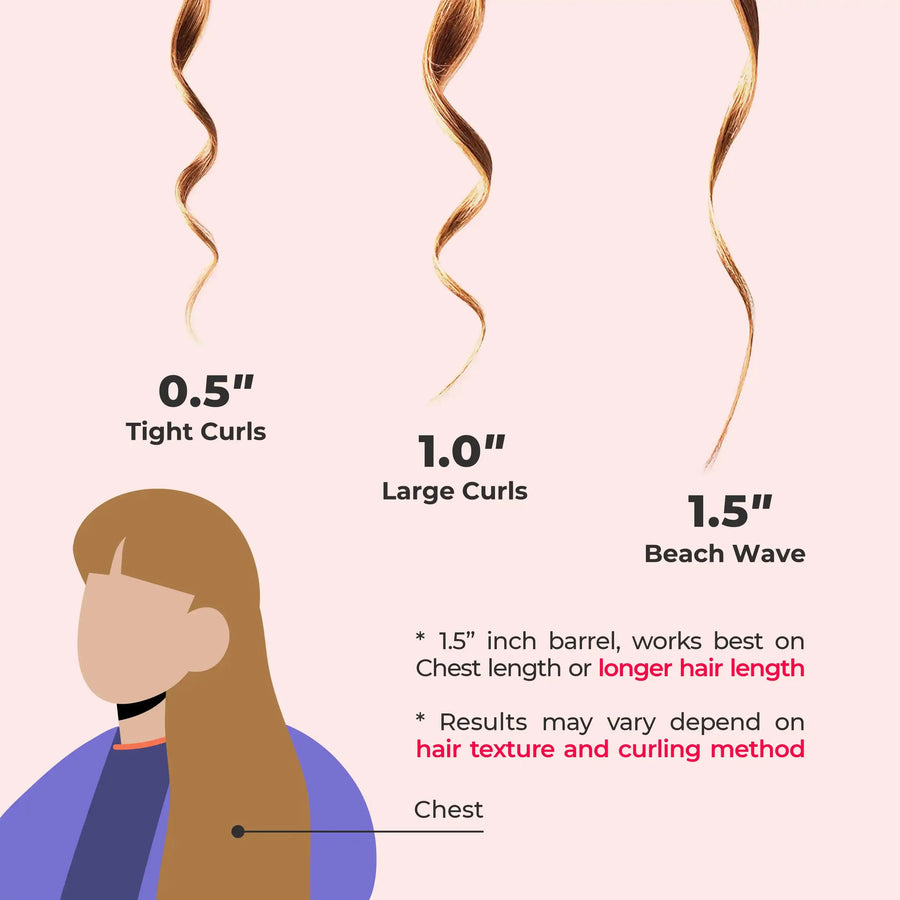 TYMO CUES PINK curling wand creates tight curls to beach waves with three barrel sizes.
