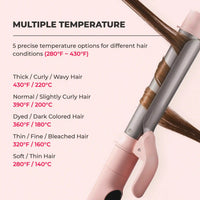 Five precise temperature settings on TYMO CUES PINK curling iron for all hair types from thick to fine.