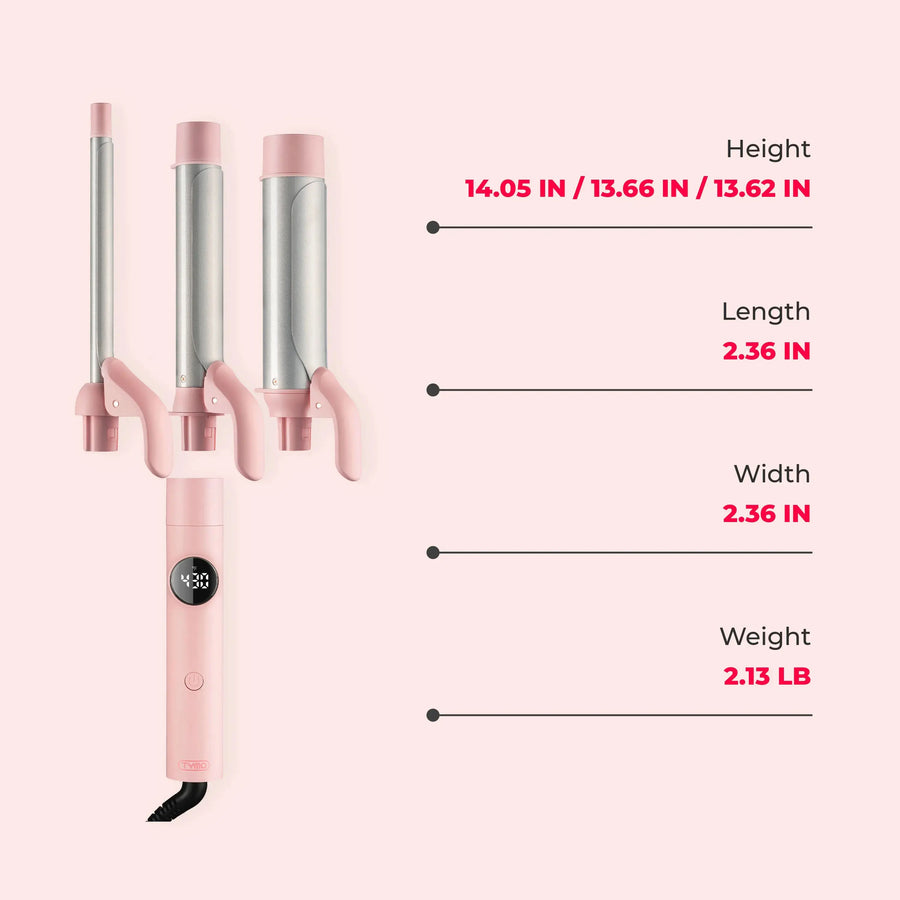 TYMO CUES PINK 3-in-1 interchangeable curling iron with three height options and compact 2.36-inch barrel design.