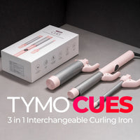 TYMO CUES PINK 3-in-1 curling iron set with 0.5", 1.0", and 1.5" barrels for versatile styling.
