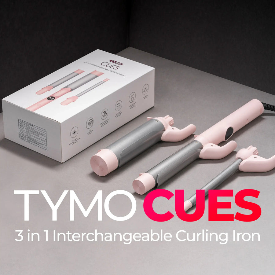 TYMO CUES PINK 3-in-1 curling iron set with 0.5", 1.0", and 1.5" barrels for versatile styling.