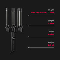 Versatile TYMO CUES 3-in-1 curly hair tools featuring three different barrel sizes for various curl types.