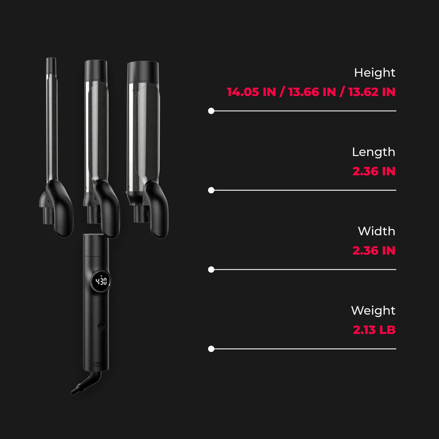 Versatile TYMO CUES 3-in-1 curly hair tools featuring three different barrel sizes for various curl types.