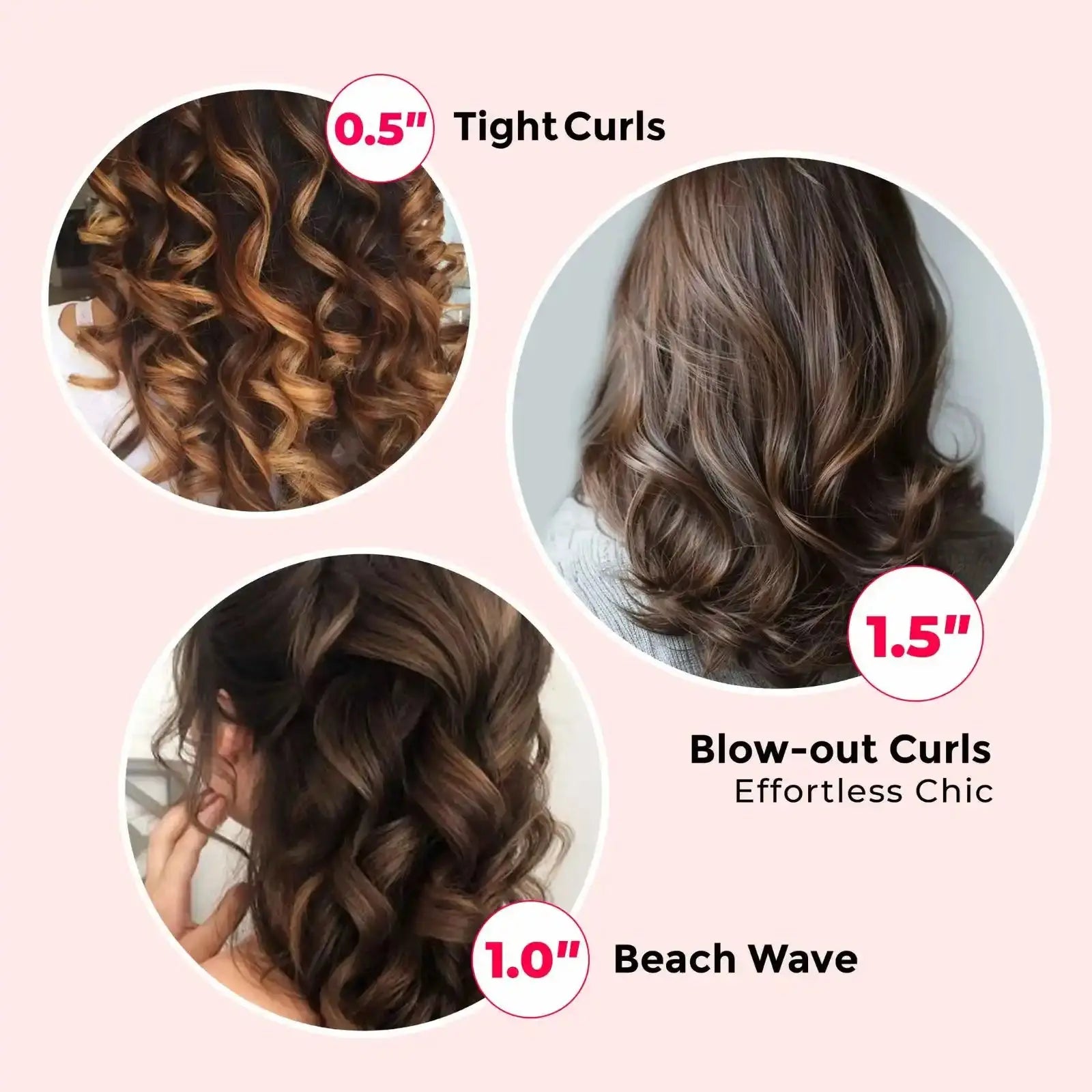Create tight curls, beach waves, and blow-out curls with TYMO CUES PINK's interchangeable curling wand.