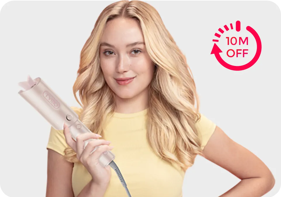 TYMO CURLPRO automatic hair curling iron features 10-minute auto shut-off safety.