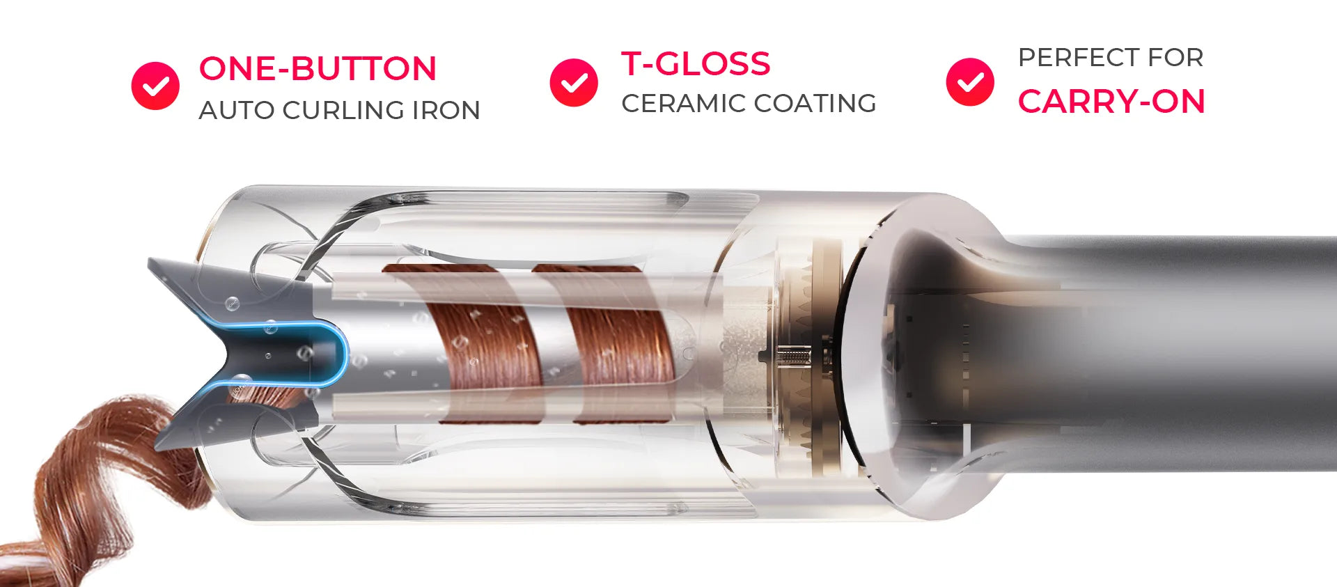 One-button automatic operation of TYMO CURLPRO medium barrel curling wand.