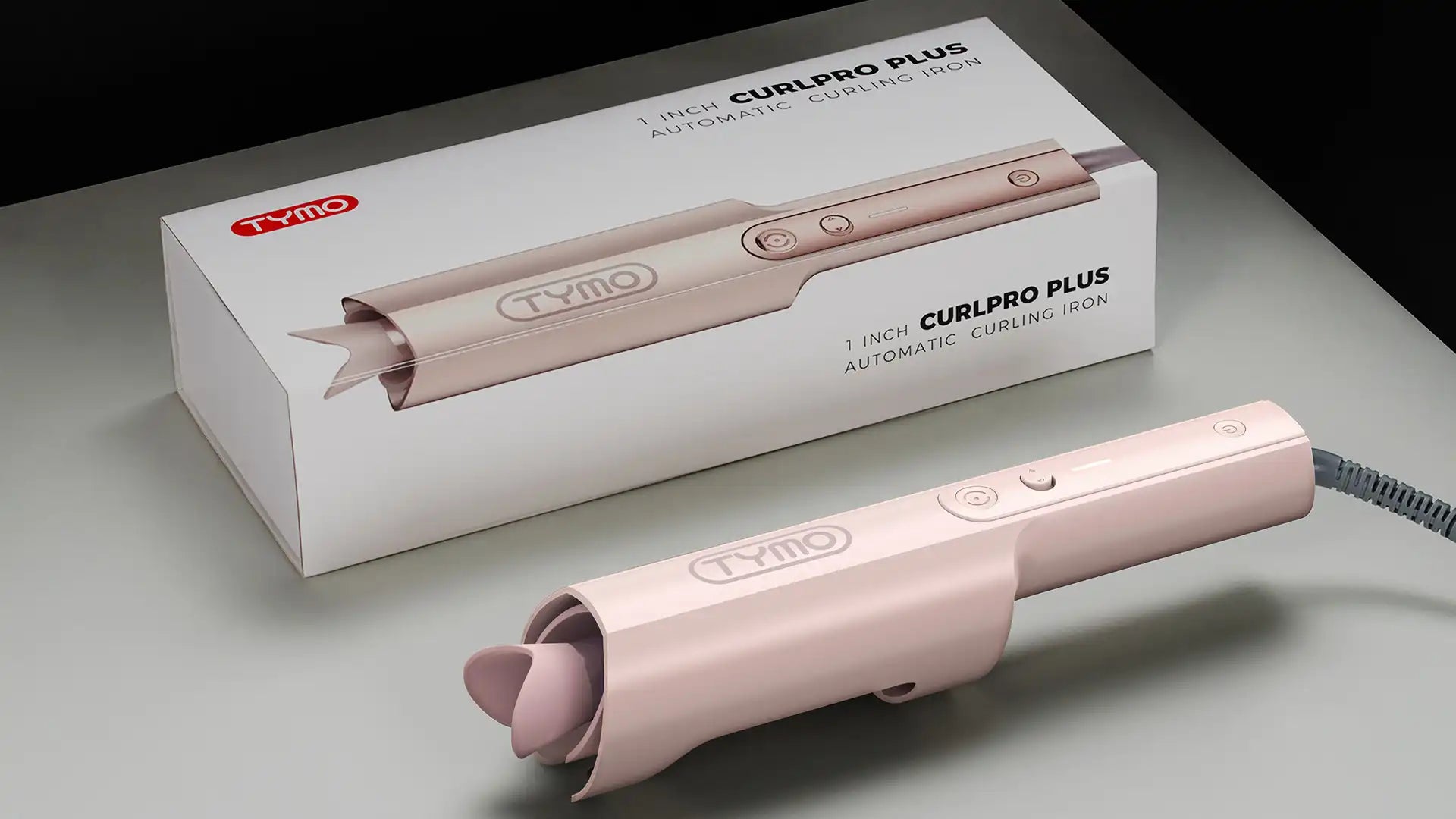 Packaging design of TYMO CURLPRO PLUS PINK big barrel curling wand.