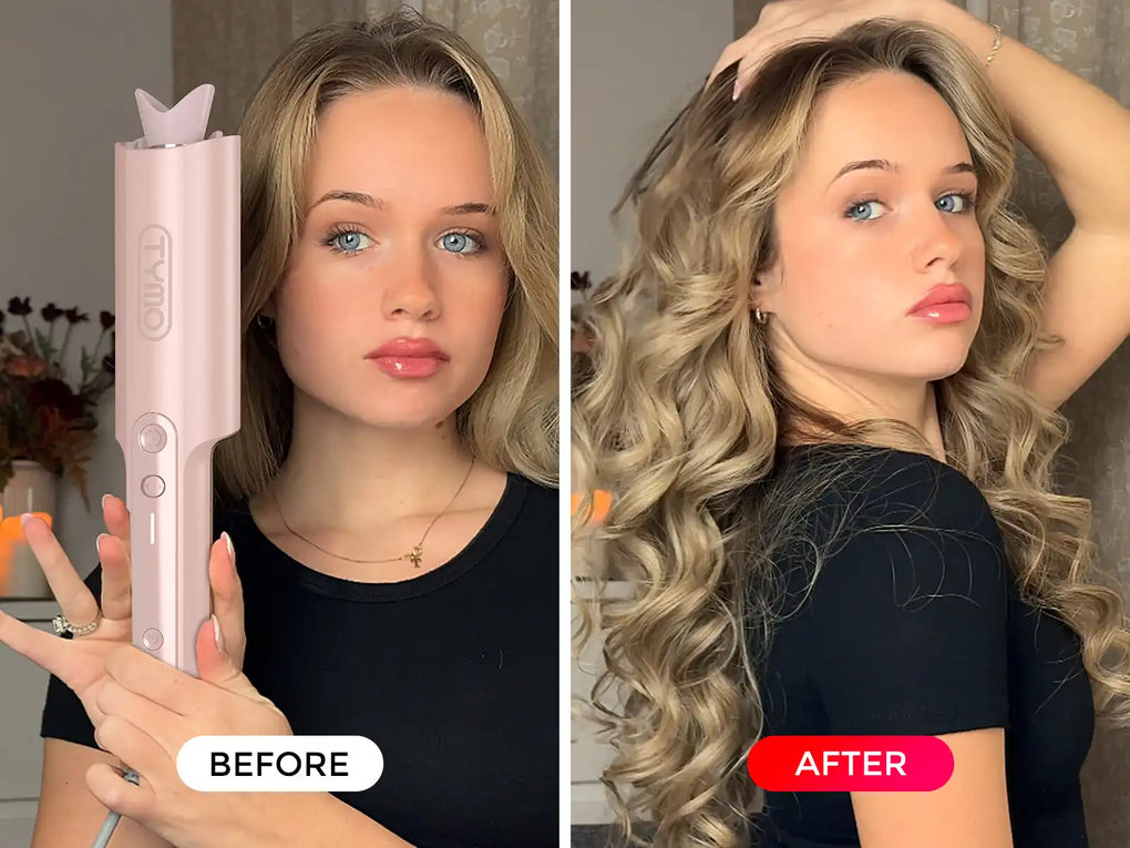 Visual transformation with TYMO CURLPRO PLUS PINK automatic curler for long hair.